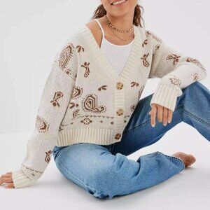 American Eagle Paisley Bandana Cardigan Size Small Cream Brown Western Cowgirl